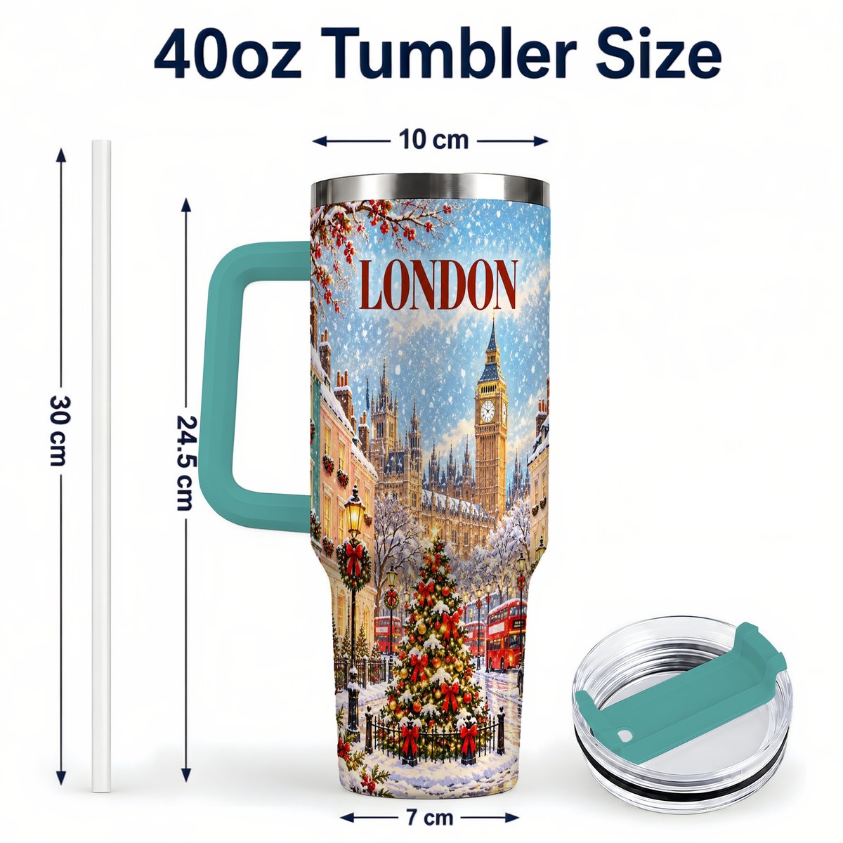 #pl[40oz|Green] London Christmas 40oz Tumbler with Handle, Winter City Scene