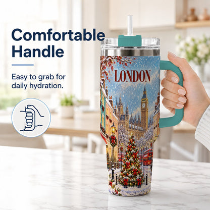 #pl[40oz|Green] London Christmas 40oz Tumbler with Handle, Winter City Scene