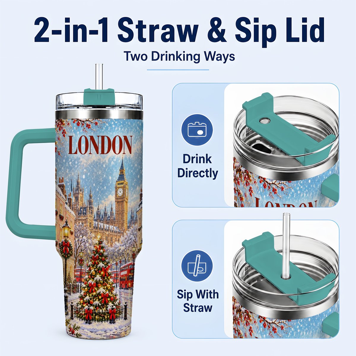 #pl[40oz|Green] London Christmas 40oz Tumbler with Handle, Winter City Scene