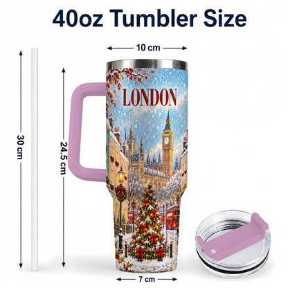 #pl[40oz|Pink] London Christmas 40oz Tumbler with Handle, Winter City Scene