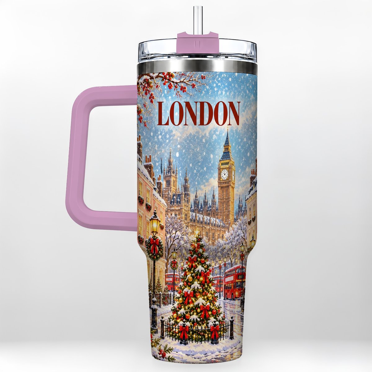 #pl[40oz|Pink] London Christmas 40oz Tumbler with Handle, Winter City Scene