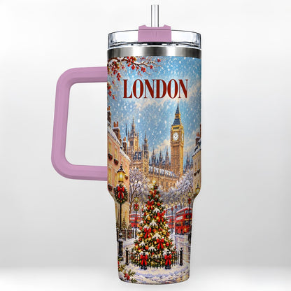 #pl[40oz|Pink] London Christmas 40oz Tumbler with Handle, Winter City Scene