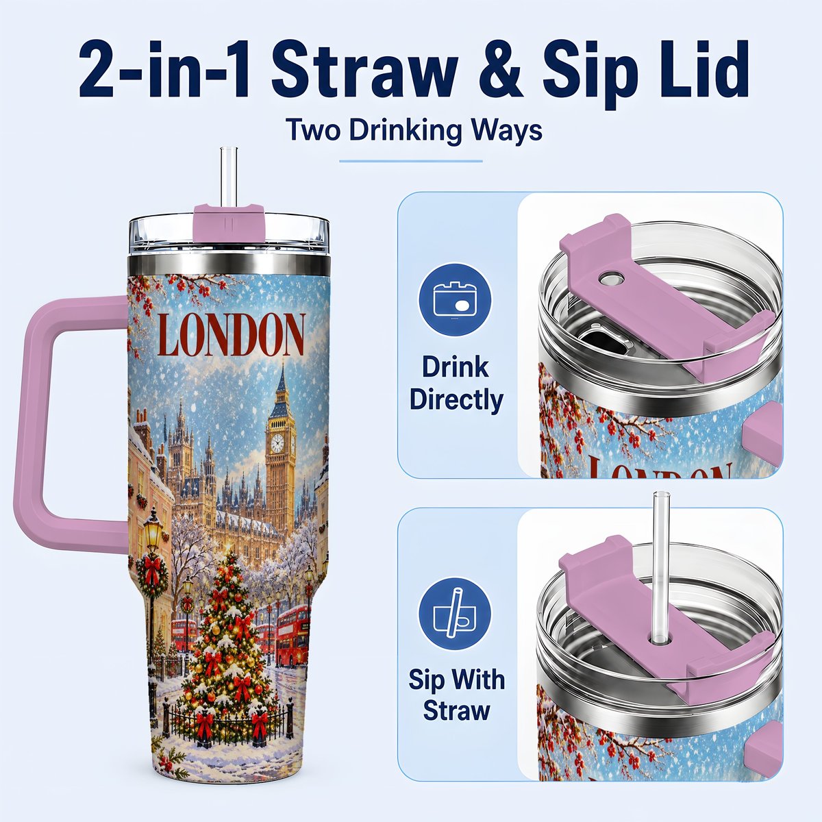 #pl[40oz|Pink] London Christmas 40oz Tumbler with Handle, Winter City Scene