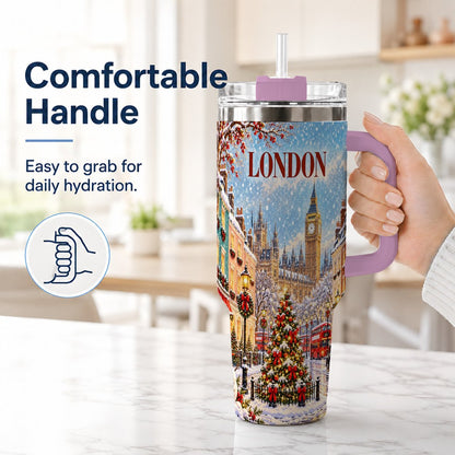 #pl[40oz|Pink] London Christmas 40oz Tumbler with Handle, Winter City Scene