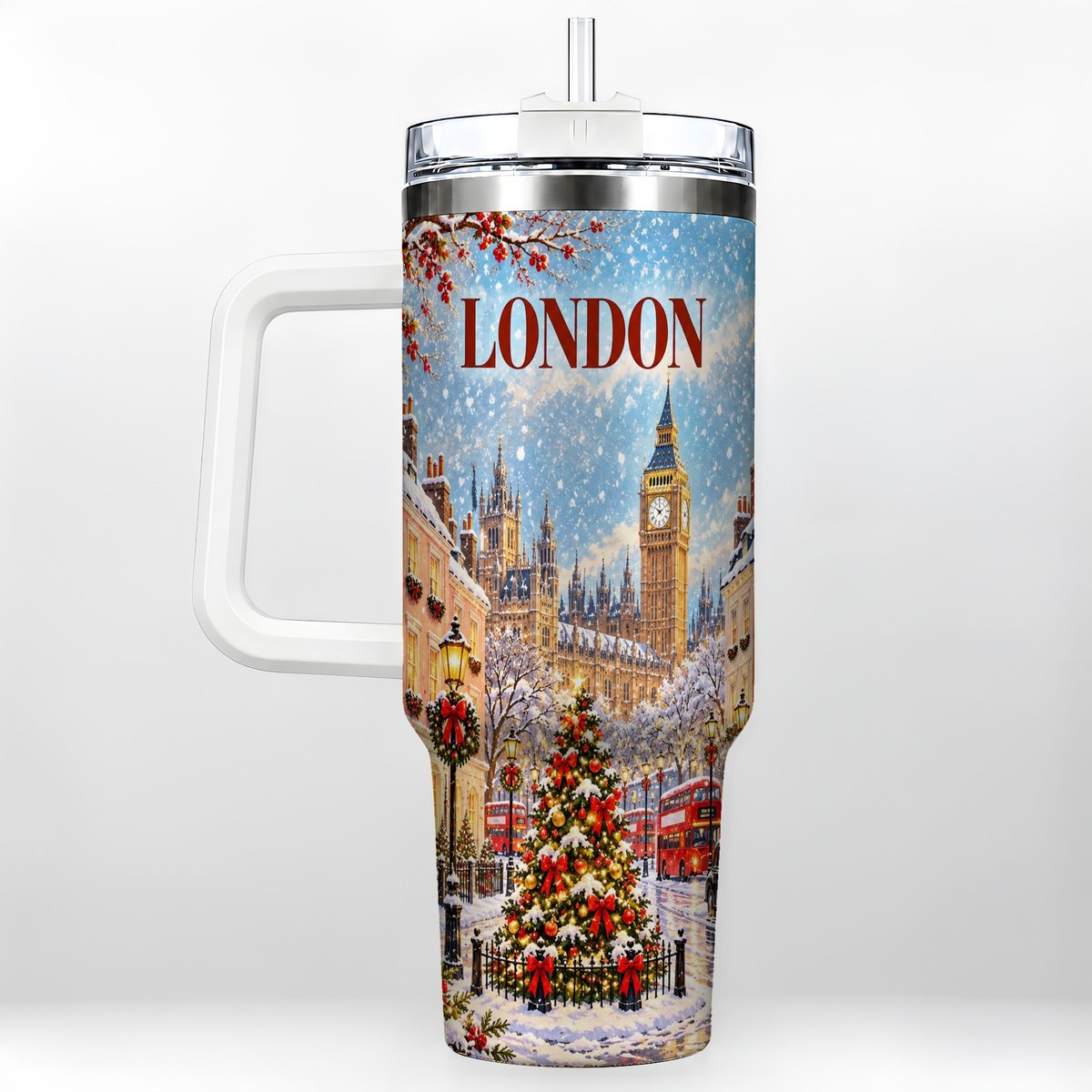 London Christmas 40oz Tumbler with Handle, Winter City Scene
