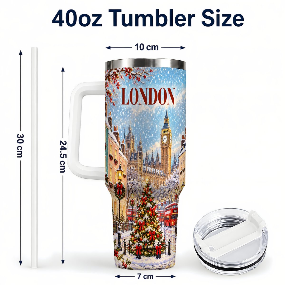 #pl[40oz|White] London Christmas 40oz Tumbler with Handle, Winter City Scene