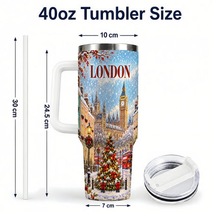#pl[40oz|White] London Christmas 40oz Tumbler with Handle, Winter City Scene