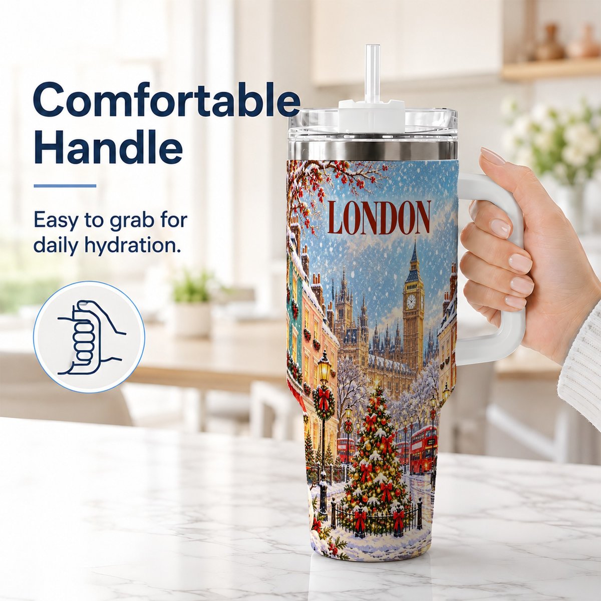 #pl[40oz|White] London Christmas 40oz Tumbler with Handle, Winter City Scene