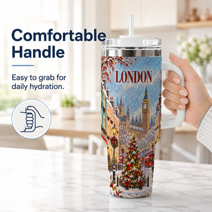 #pl[40oz|White] London Christmas 40oz Tumbler with Handle, Winter City Scene