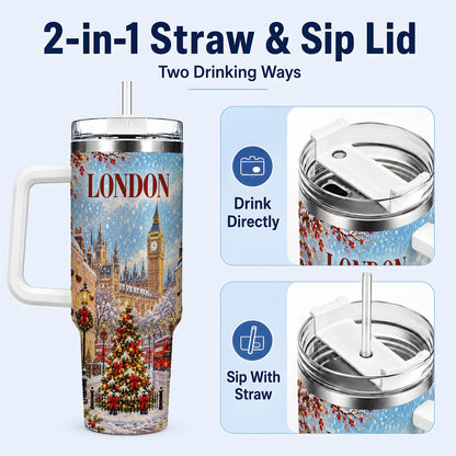 #pl[40oz|White] London Christmas 40oz Tumbler with Handle, Winter City Scene