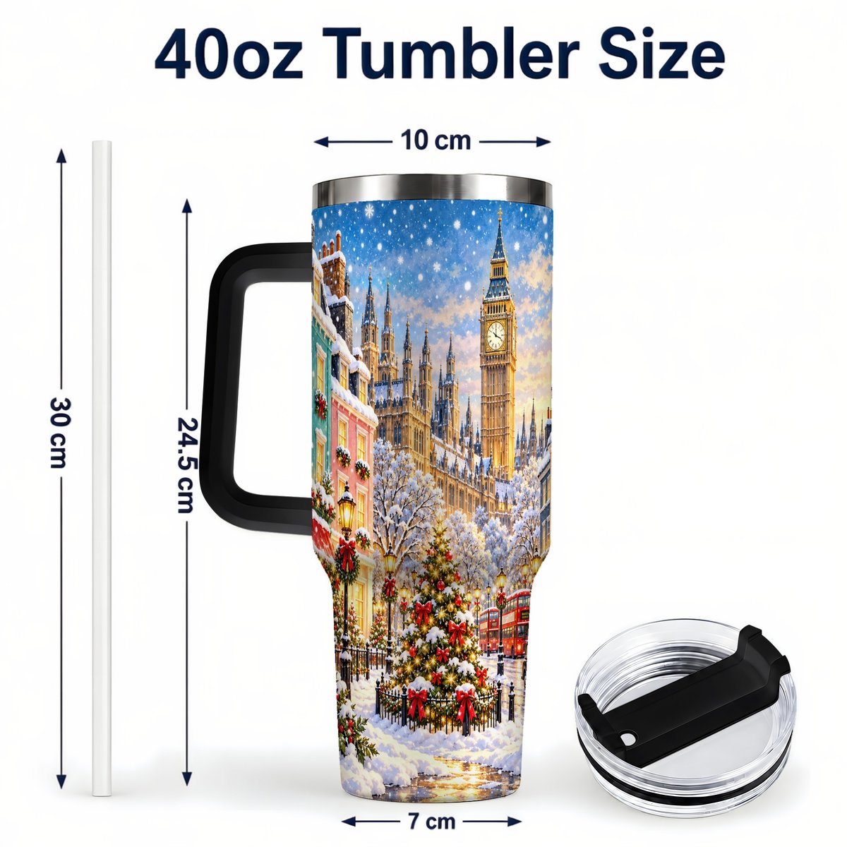 #pl[40oz|Black] Snowy London 40oz Tumbler with Handle, Christmas City Artwork