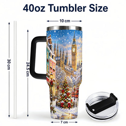 #pl[40oz|Black] Snowy London 40oz Tumbler with Handle, Christmas City Artwork