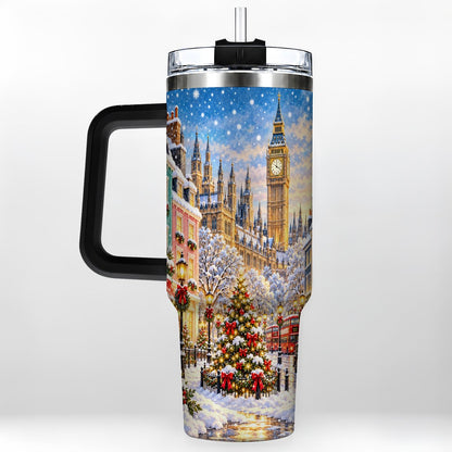 #pl[40oz|Black] Snowy London 40oz Tumbler with Handle, Christmas City Artwork