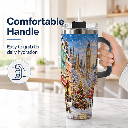 #pl[40oz|Black] Snowy London 40oz Tumbler with Handle, Christmas City Artwork