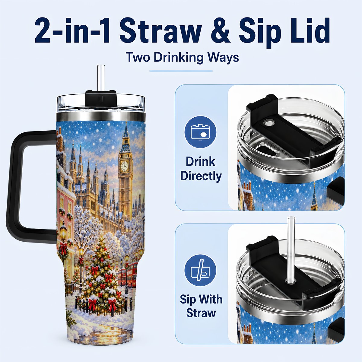 #pl[40oz|Black] Snowy London 40oz Tumbler with Handle, Christmas City Artwork