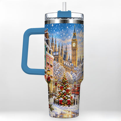 #pl[40oz|Blue] Snowy London 40oz Tumbler with Handle, Christmas City Artwork