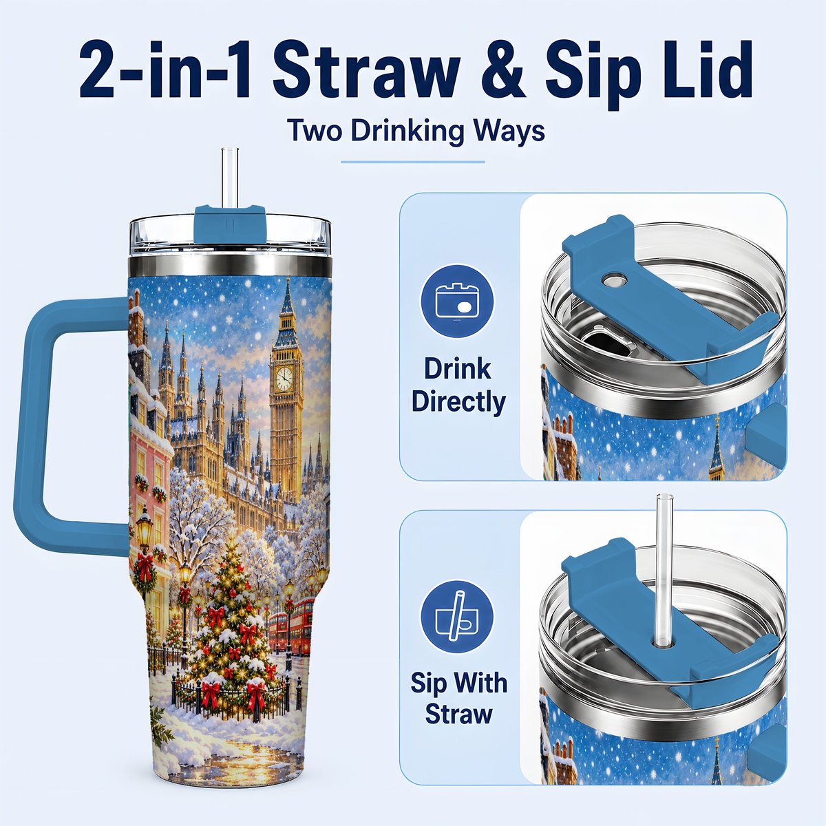 #pl[40oz|Blue] Snowy London 40oz Tumbler with Handle, Christmas City Artwork