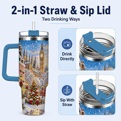 #pl[40oz|Blue] Snowy London 40oz Tumbler with Handle, Christmas City Artwork