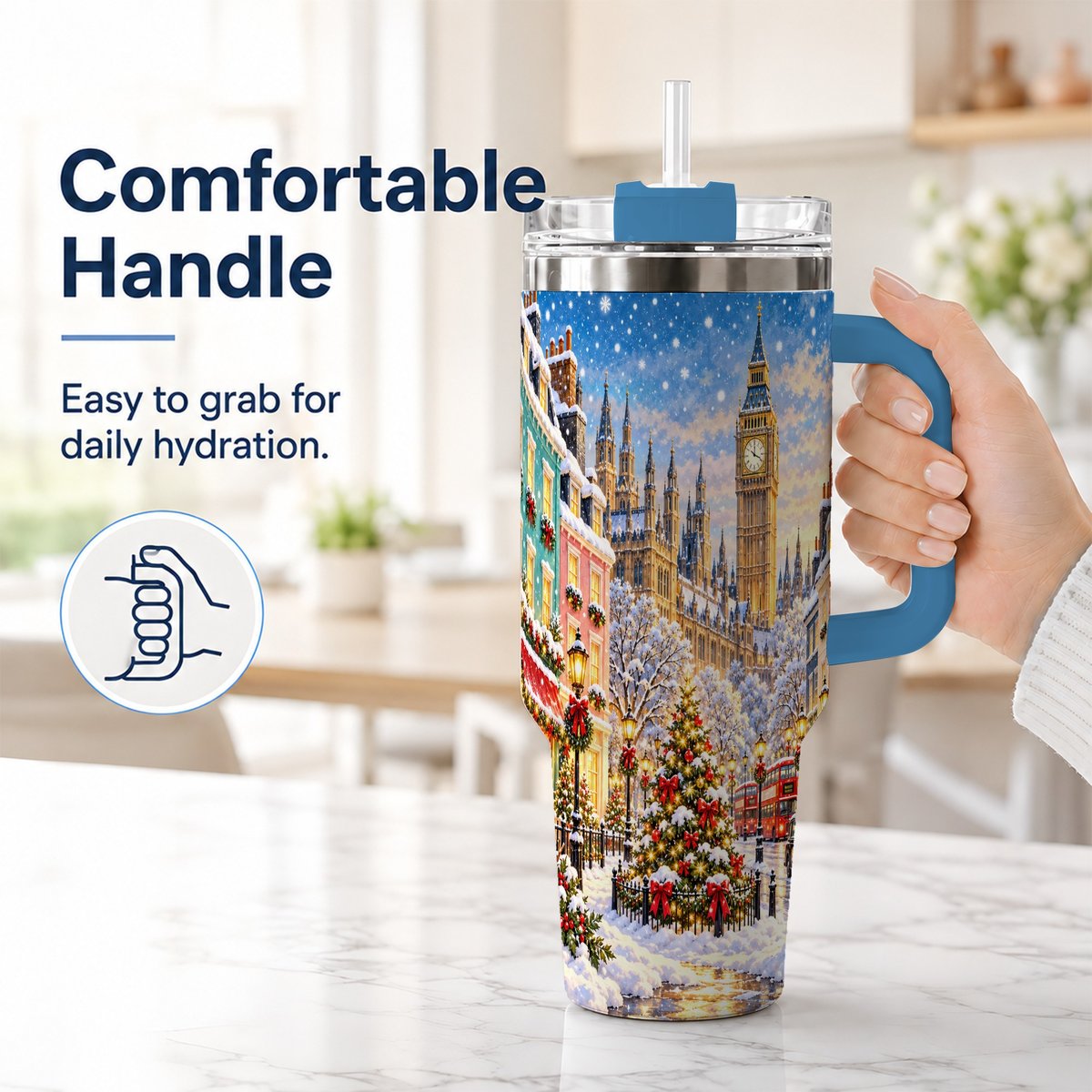 #pl[40oz|Blue] Snowy London 40oz Tumbler with Handle, Christmas City Artwork