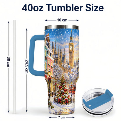 #pl[40oz|Blue] Snowy London 40oz Tumbler with Handle, Christmas City Artwork