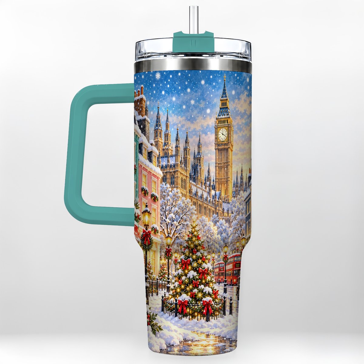 #pl[40oz|Green] Snowy London 40oz Tumbler with Handle, Christmas City Artwork