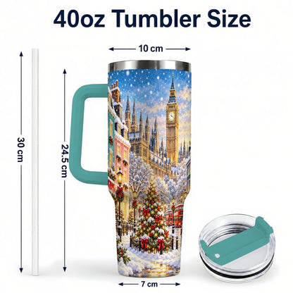 #pl[40oz|Green] Snowy London 40oz Tumbler with Handle, Christmas City Artwork