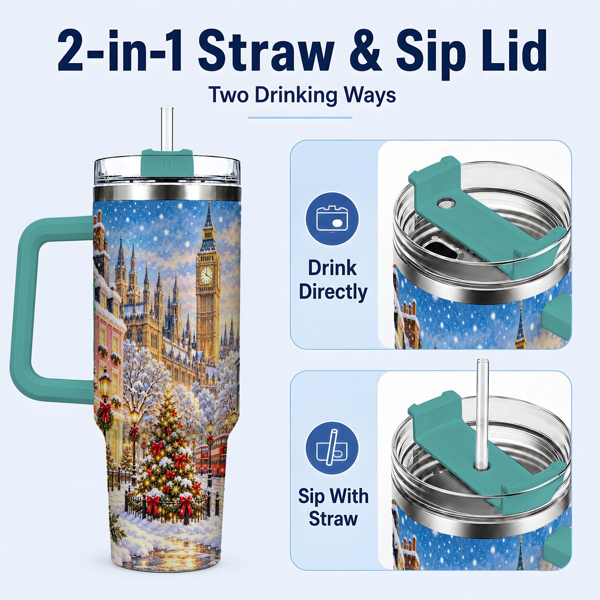 #pl[40oz|Green] Snowy London 40oz Tumbler with Handle, Christmas City Artwork