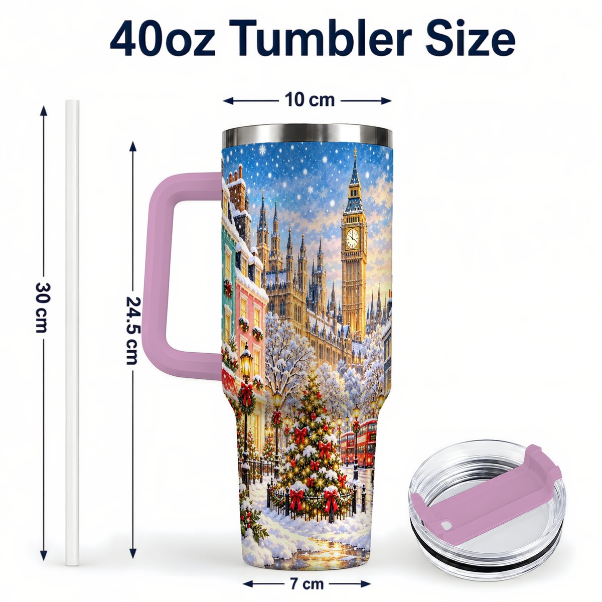 #pl[40oz|Pink] Snowy London 40oz Tumbler with Handle, Christmas City Artwork