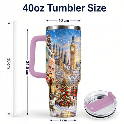 #pl[40oz|Pink] Snowy London 40oz Tumbler with Handle, Christmas City Artwork