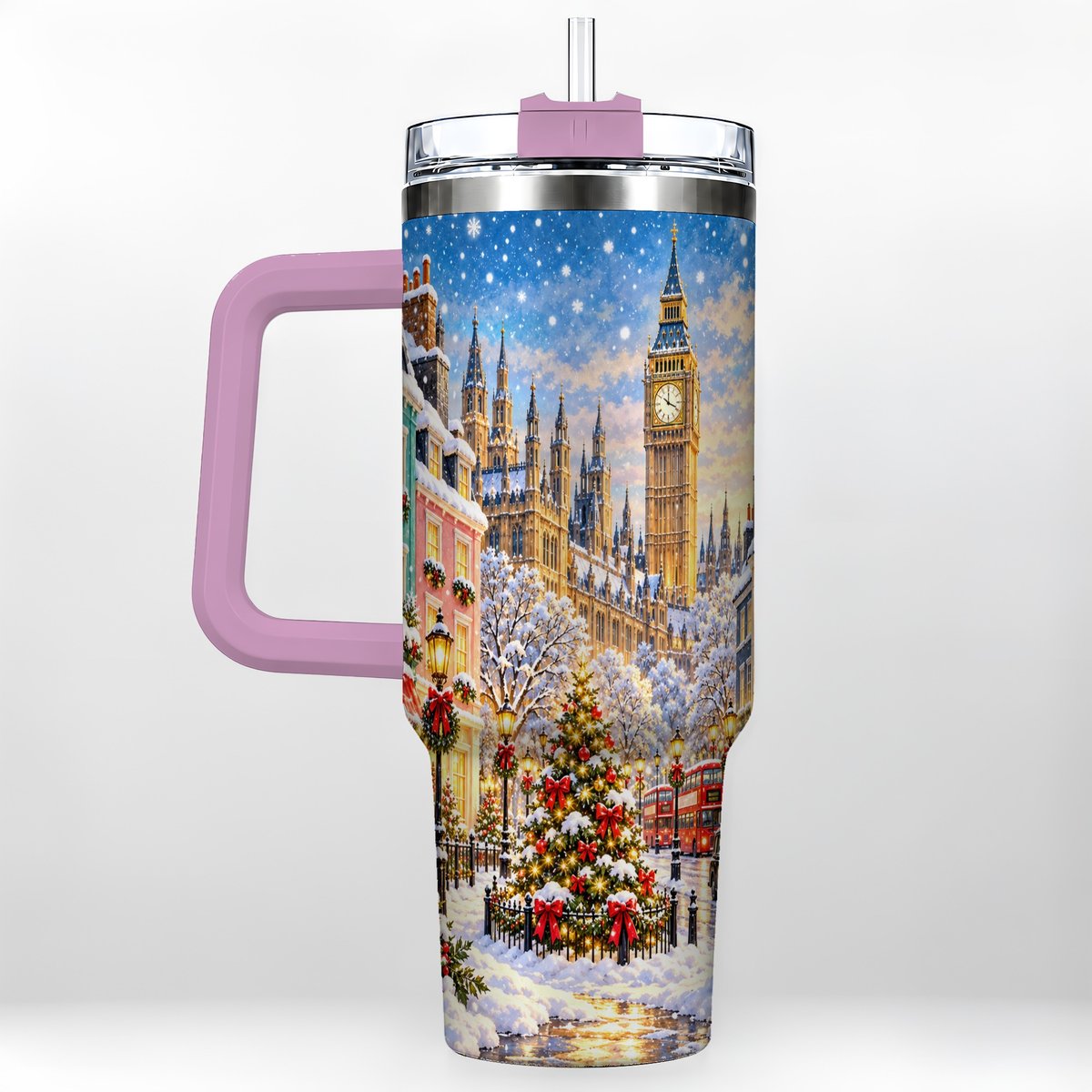 #pl[40oz|Pink] Snowy London 40oz Tumbler with Handle, Christmas City Artwork
