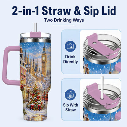 #pl[40oz|Pink] Snowy London 40oz Tumbler with Handle, Christmas City Artwork