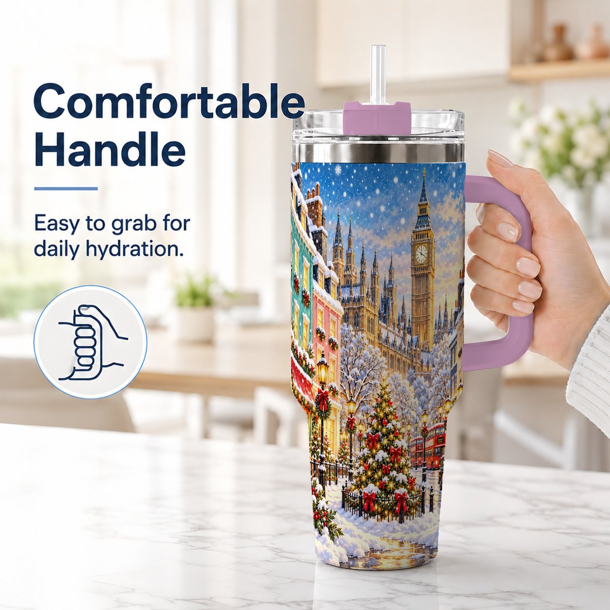 #pl[40oz|Pink] Snowy London 40oz Tumbler with Handle, Christmas City Artwork