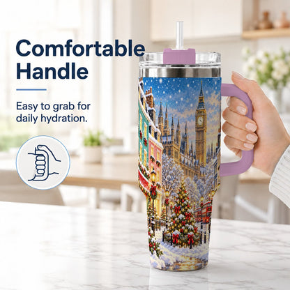 #pl[40oz|Pink] Snowy London 40oz Tumbler with Handle, Christmas City Artwork