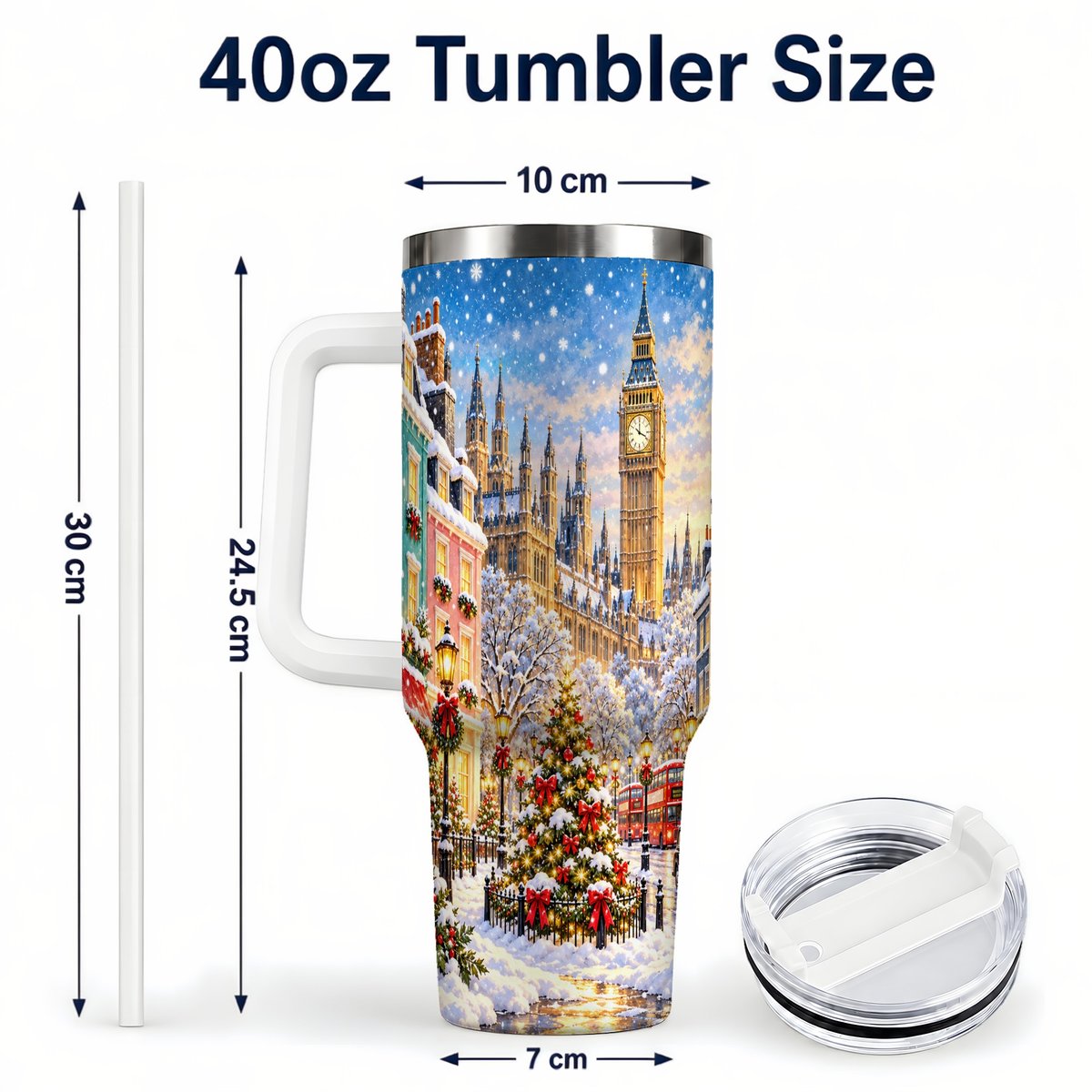 #pl[40oz|White] Snowy London 40oz Tumbler with Handle, Christmas City Artwork