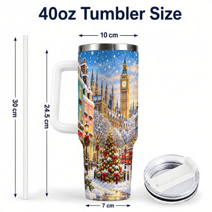 #pl[40oz|White] Snowy London 40oz Tumbler with Handle, Christmas City Artwork