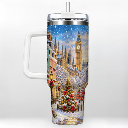 Snowy London 40oz Tumbler with Handle, Christmas City Artwork