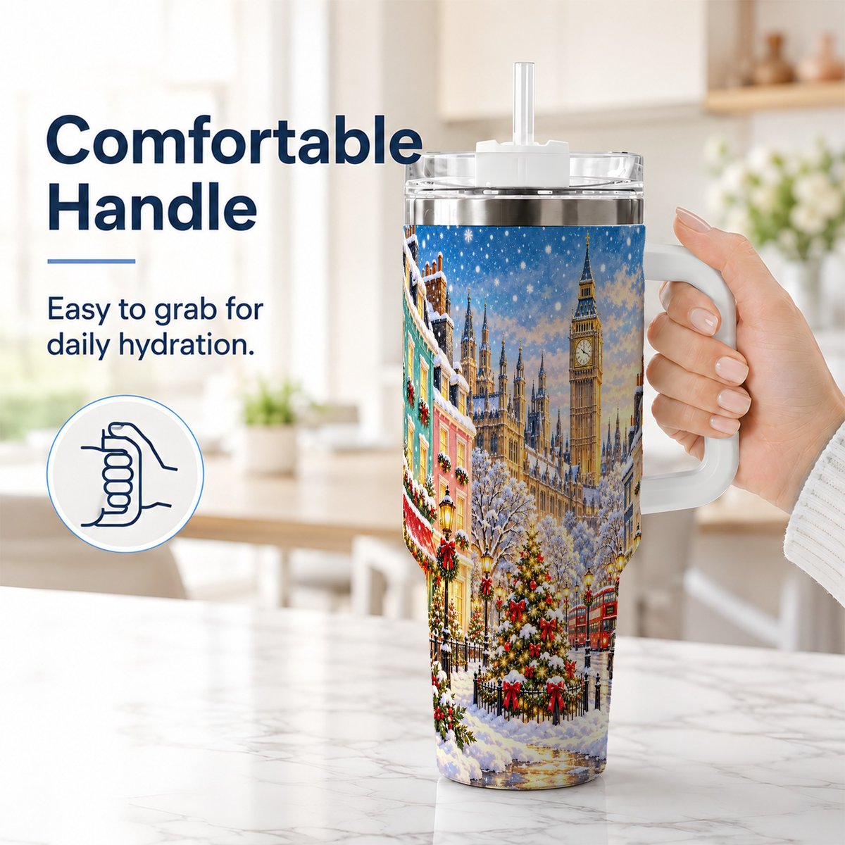 #pl[40oz|White] Snowy London 40oz Tumbler with Handle, Christmas City Artwork