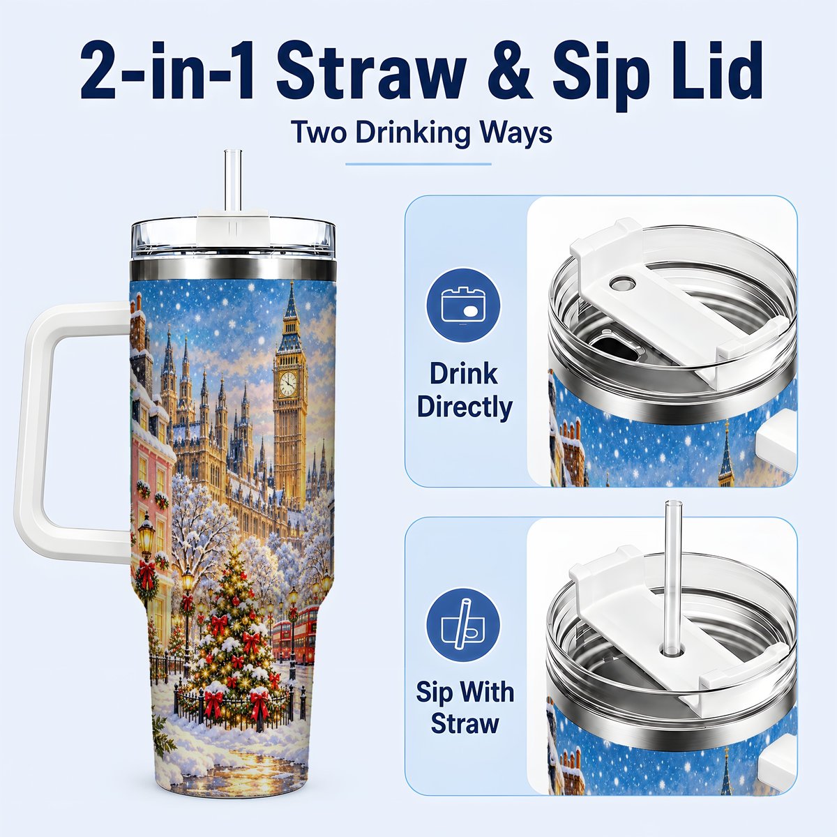 #pl[40oz|White] Snowy London 40oz Tumbler with Handle, Christmas City Artwork