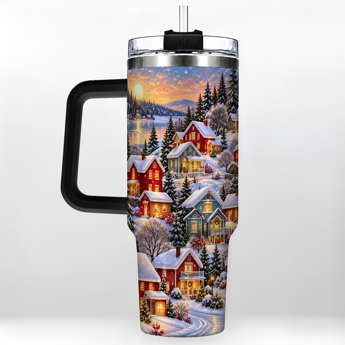 #pl[40oz|Black] Snowy Village 40oz Tumbler with Handle, Cozy Winter Landscape