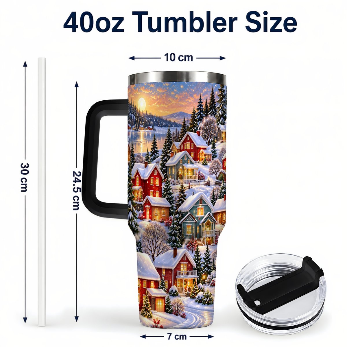 #pl[40oz|Black] Snowy Village 40oz Tumbler with Handle, Cozy Winter Landscape