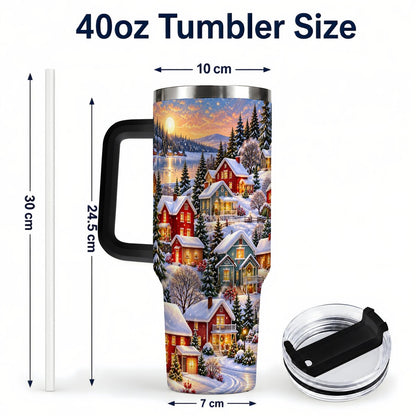 #pl[40oz|Black] Snowy Village 40oz Tumbler with Handle, Cozy Winter Landscape