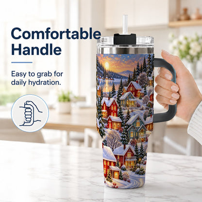 #pl[40oz|Black] Snowy Village 40oz Tumbler with Handle, Cozy Winter Landscape