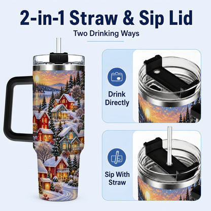 #pl[40oz|Black] Snowy Village 40oz Tumbler with Handle, Cozy Winter Landscape