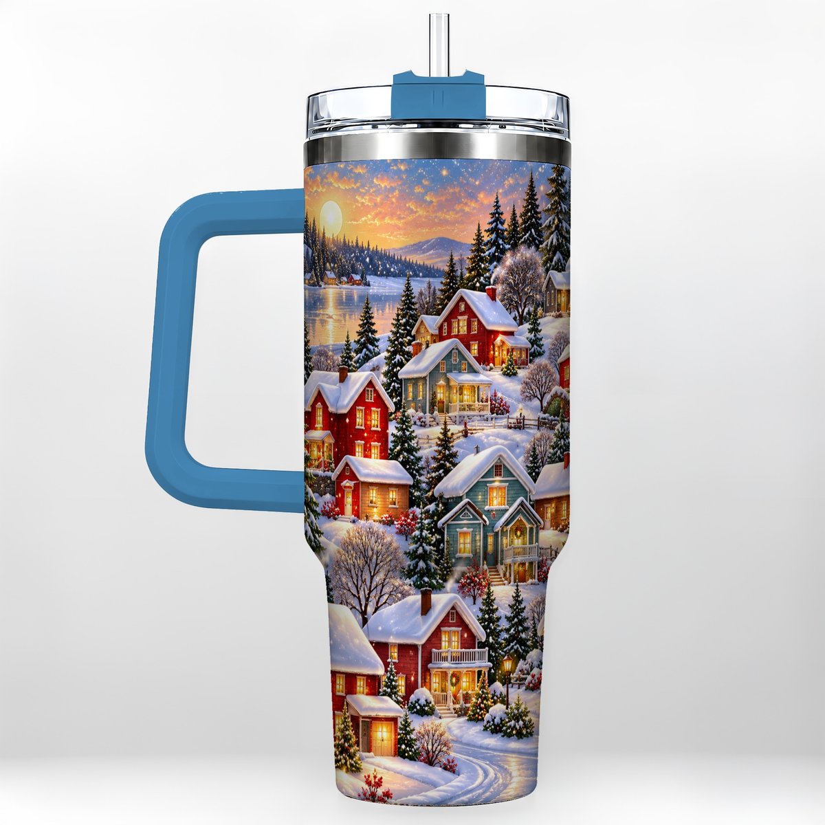 #pl[40oz|Blue] Snowy Village 40oz Tumbler with Handle, Cozy Winter Landscape