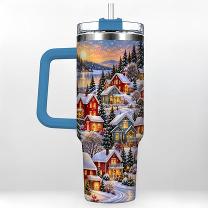 #pl[40oz|Blue] Snowy Village 40oz Tumbler with Handle, Cozy Winter Landscape