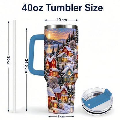 #pl[40oz|Blue] Snowy Village 40oz Tumbler with Handle, Cozy Winter Landscape