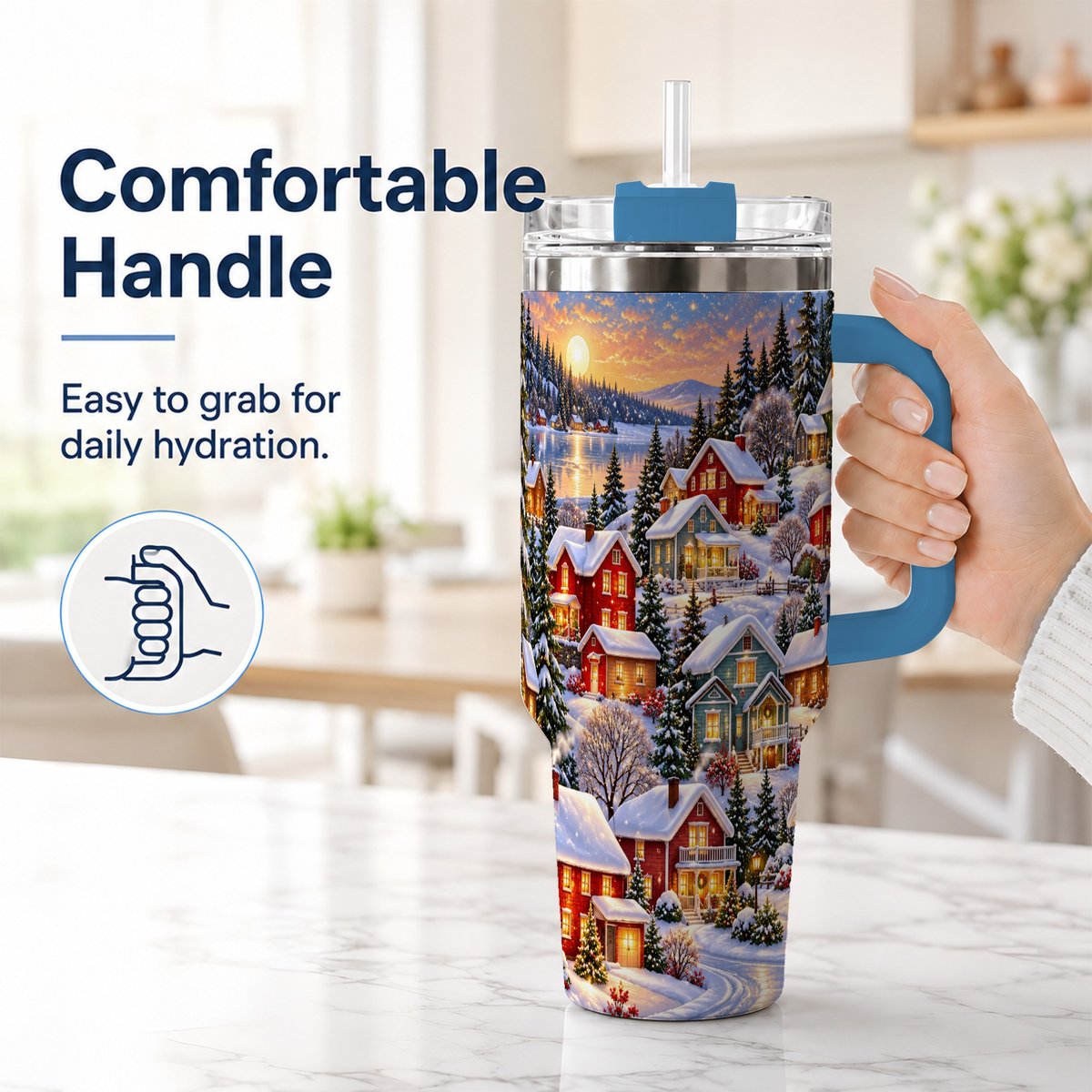 #pl[40oz|Blue] Snowy Village 40oz Tumbler with Handle, Cozy Winter Landscape