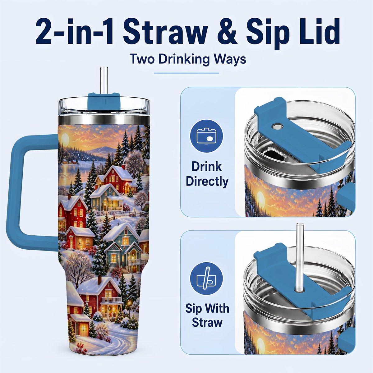 #pl[40oz|Blue] Snowy Village 40oz Tumbler with Handle, Cozy Winter Landscape
