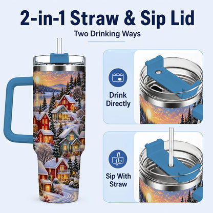 #pl[40oz|Blue] Snowy Village 40oz Tumbler with Handle, Cozy Winter Landscape