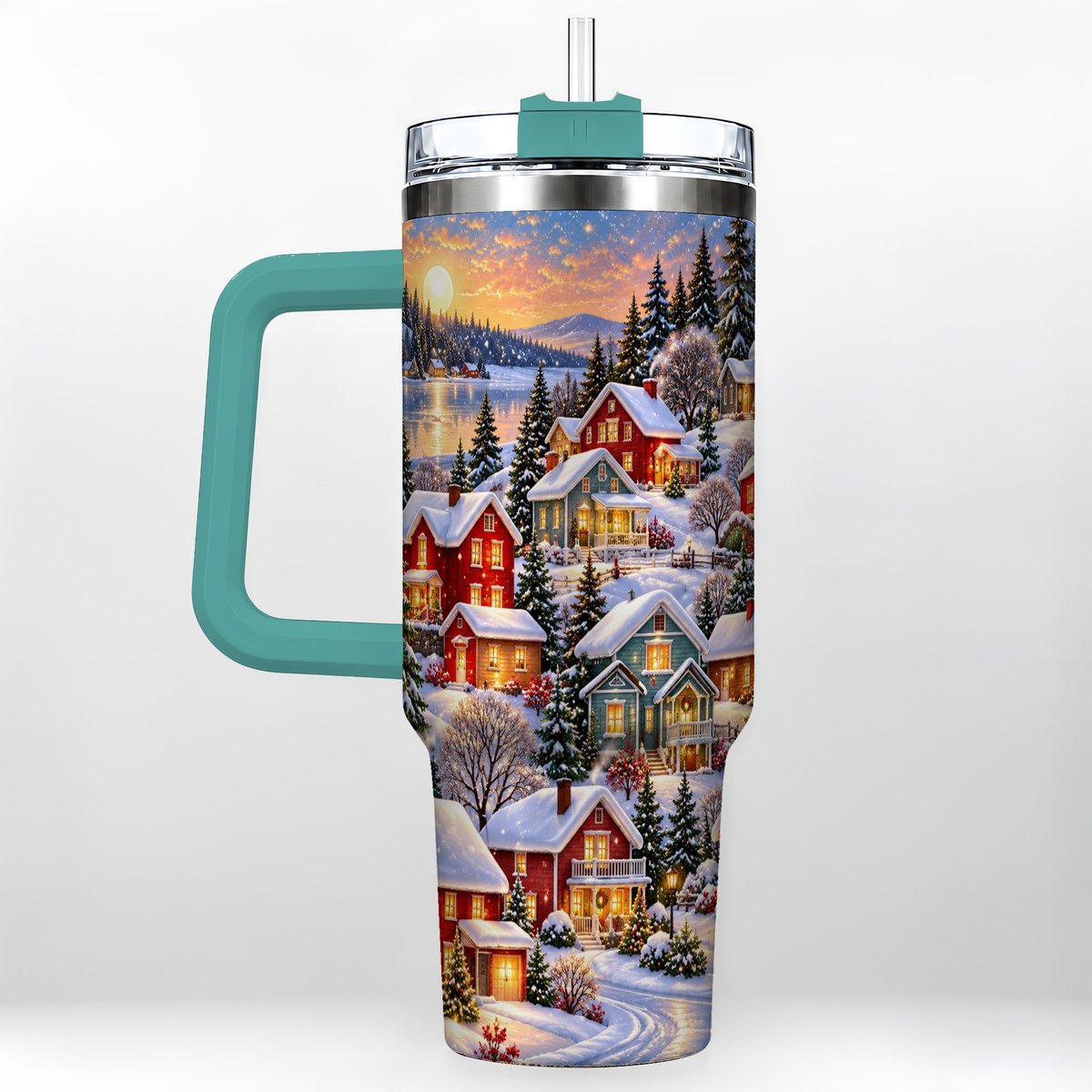 #pl[40oz|Green] Snowy Village 40oz Tumbler with Handle, Cozy Winter Landscape